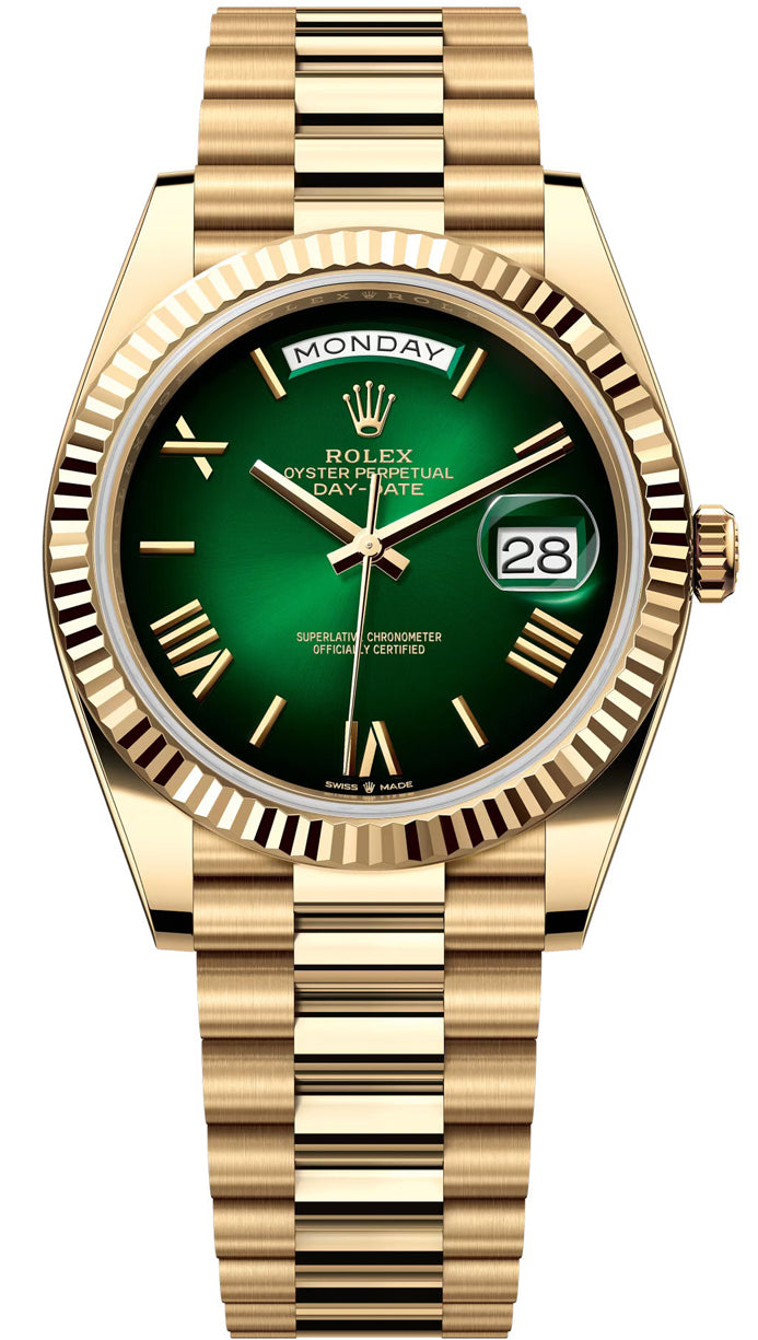 Rolex Yellow Gold President Day Date 40mm Green Roman Ombre Dial - 228238 - New 2025
