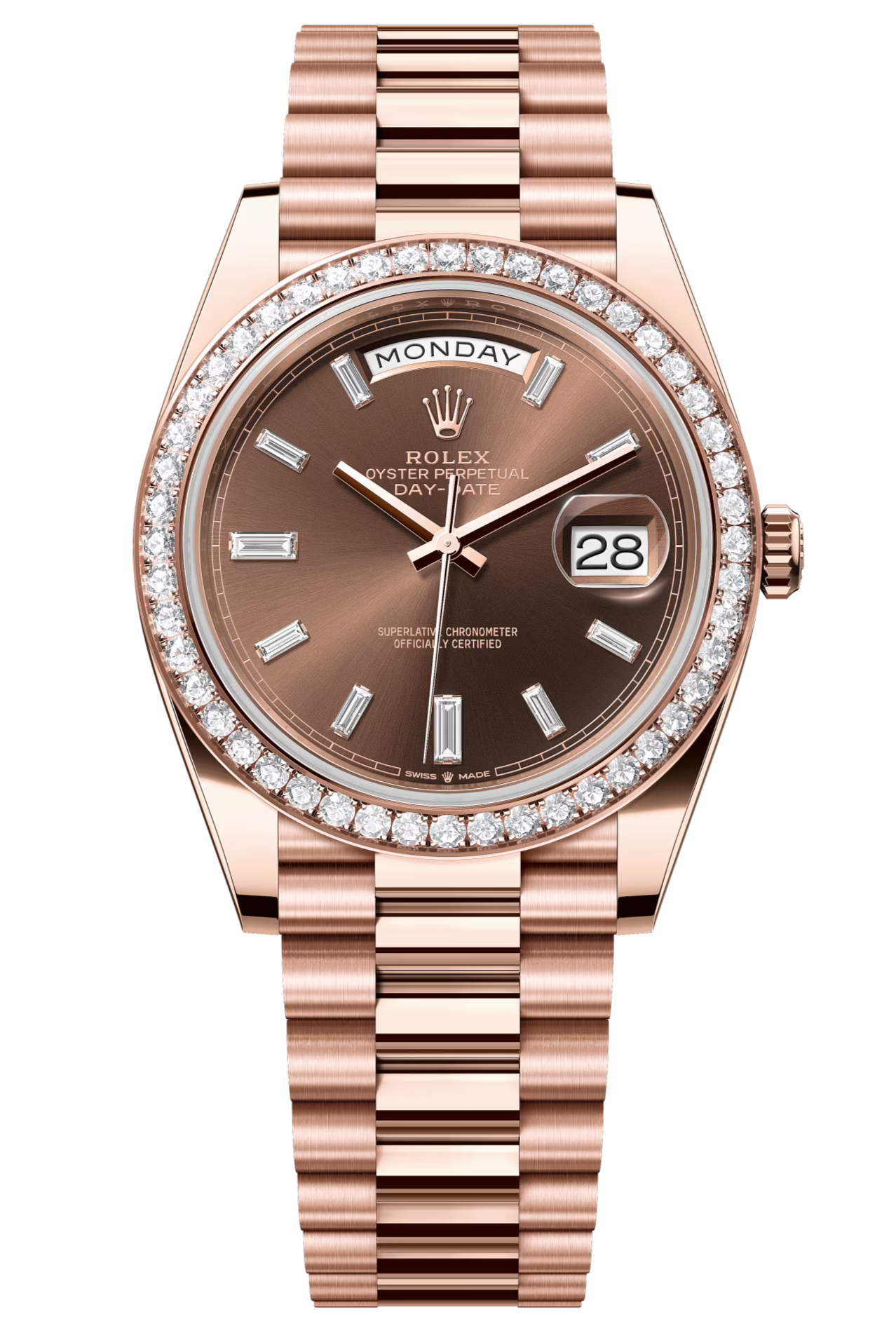 Rolex Day-Date "President" 40mm Everose Gold Chocolate Diamond Baguette Dial Diamond Bezel - 228345RBR - New 2025