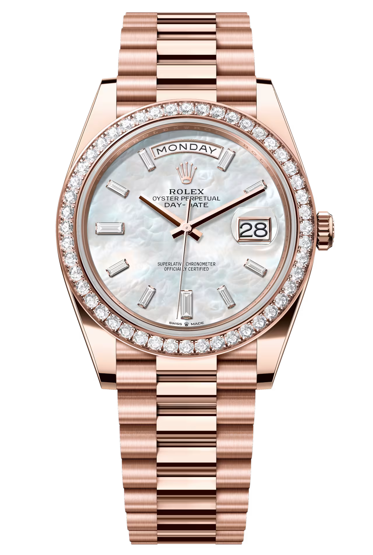 Rolex Day-Date "President" 40mm Everose Gold Mother of Pearl Diamond Baguette Dial Diamond Bezel - 228345RBR - New 2025