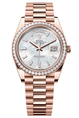 Rolex Day-Date "President" 40mm Everose Gold Mother of Pearl Diamond Baguette Dial Diamond Bezel - 228345RBR - New 2025