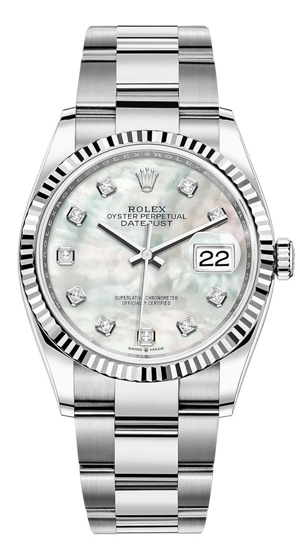 Rolex Datejust 36mm Fluted Bezel Mother of Peal Diamond Dial Oyster - 126234 - Brand New 2024