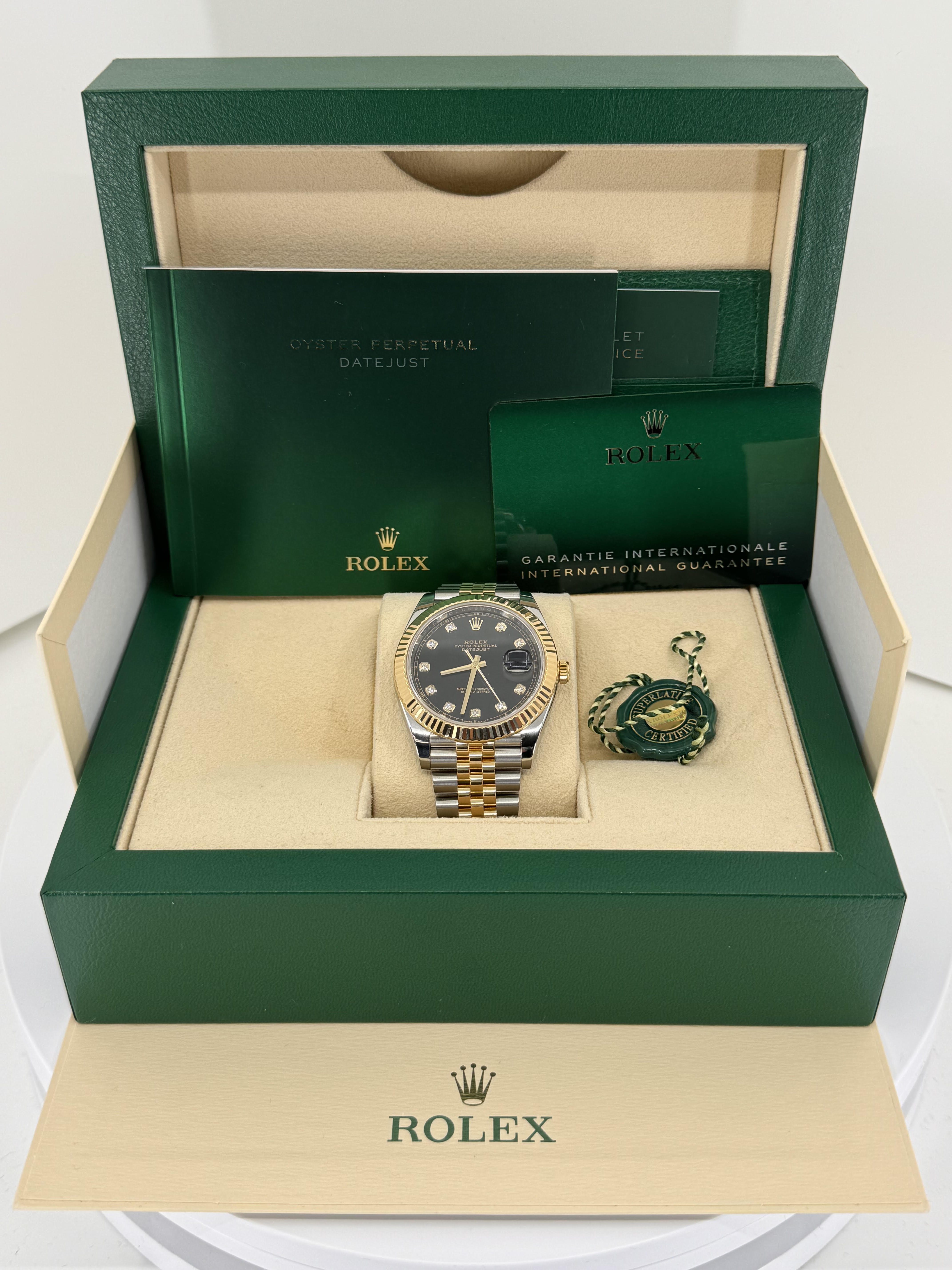 Rolex Datejust 41mm Two-Tone Yellow Gold Black Diamond Dial Fluted Bezel Jubilee Bracelet 126333 – New 2025