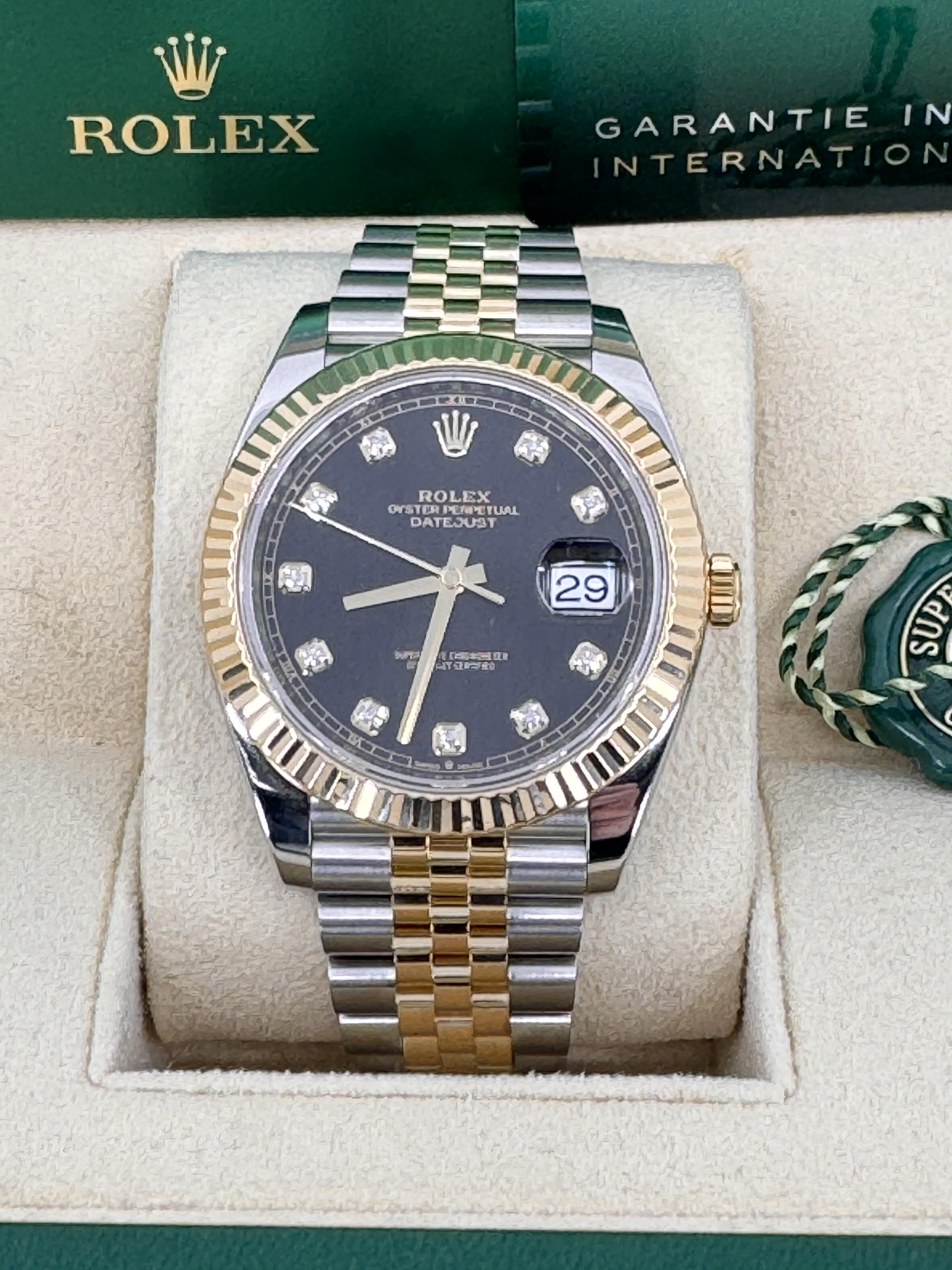 Rolex Datejust 41mm Two-Tone Yellow Gold Black Diamond Dial Fluted Bezel Jubilee Bracelet 126333 – New 2025
