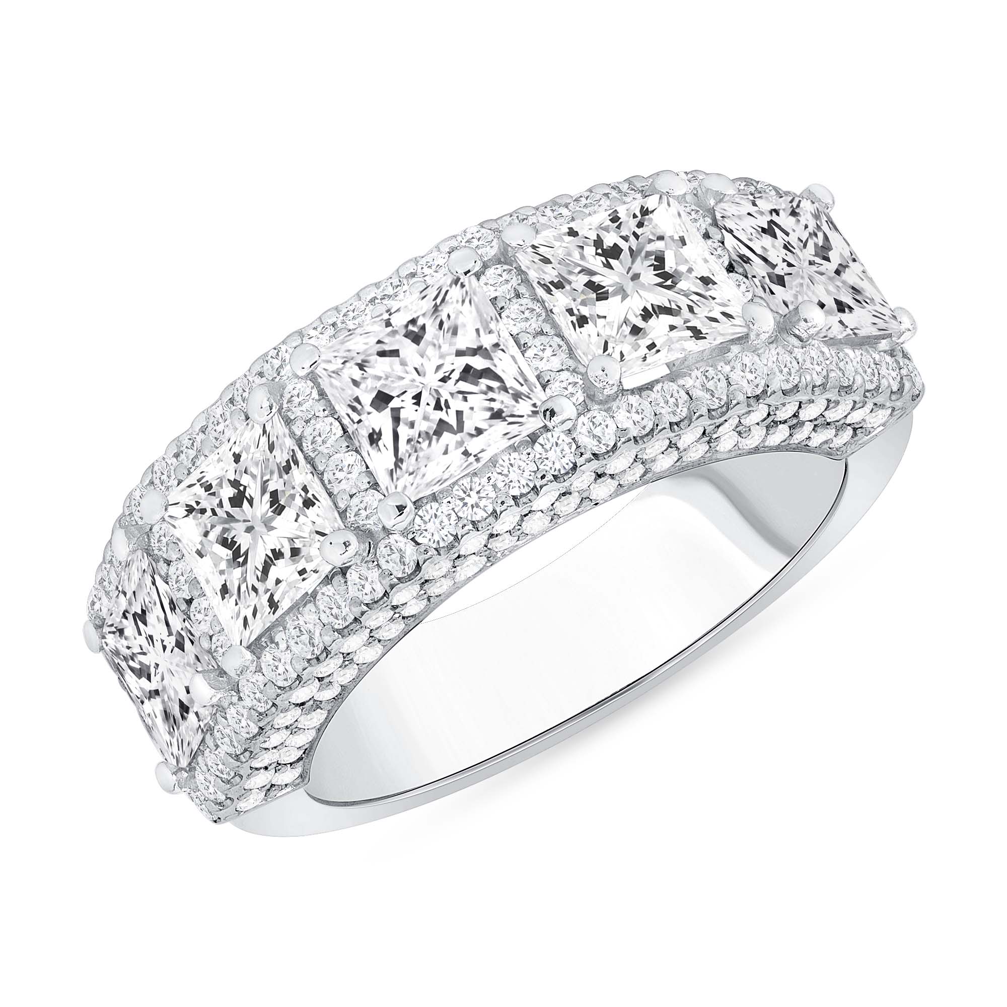 Princess Cut Natural Diamond Band, Five Stone Ring Half Way
