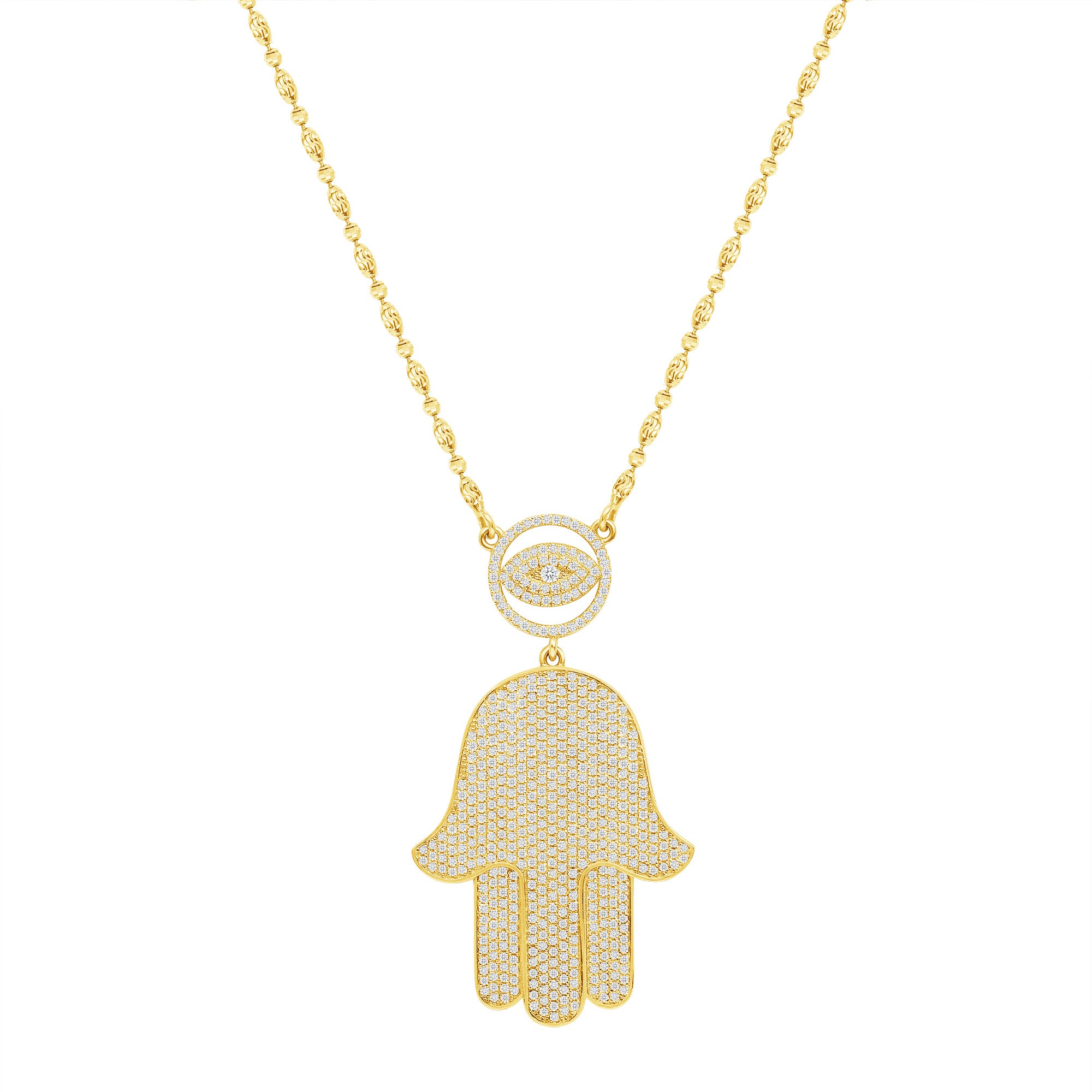 Hamsa Eye Diamond Necklace, 14k Gold