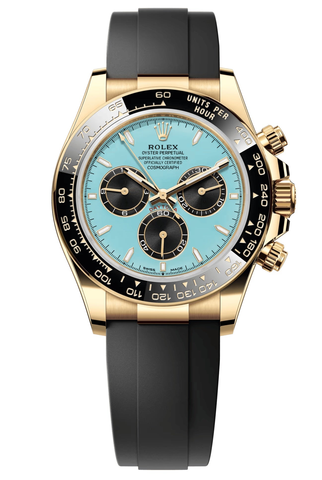 Rolex Cosmograph Daytona Tiffany 40mm yellow gold with turquoise blue dial and black Oysterflex bracelet