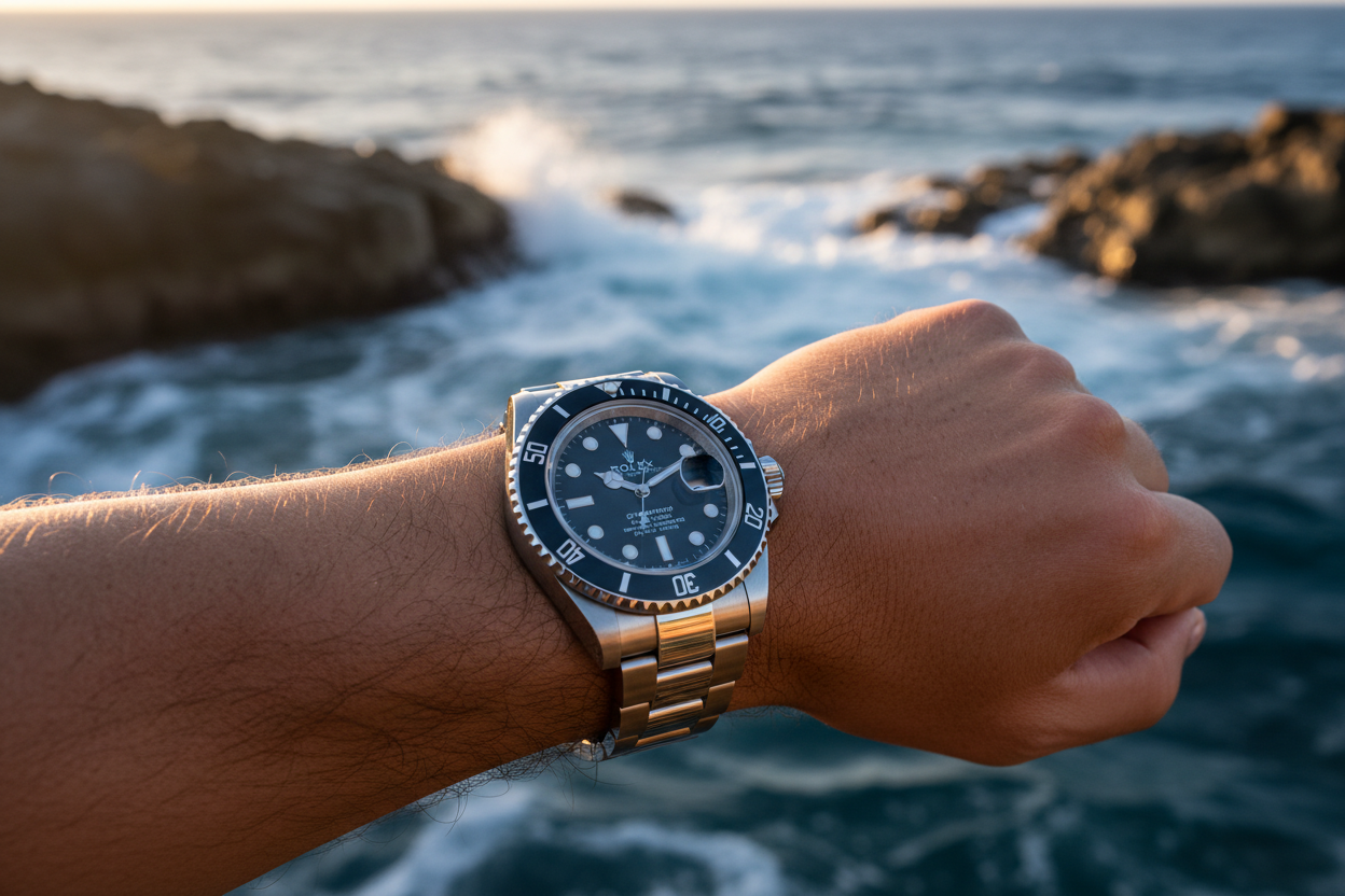 Rolex Submariner black dial stainless steel on wrist at ocean - Gamzo & Co. Luxury Watches