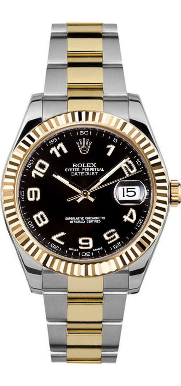 Rolex Datejust 41mm Fluted Bezel Black Arabic Dial Oyster Two Tone With Card - 116333