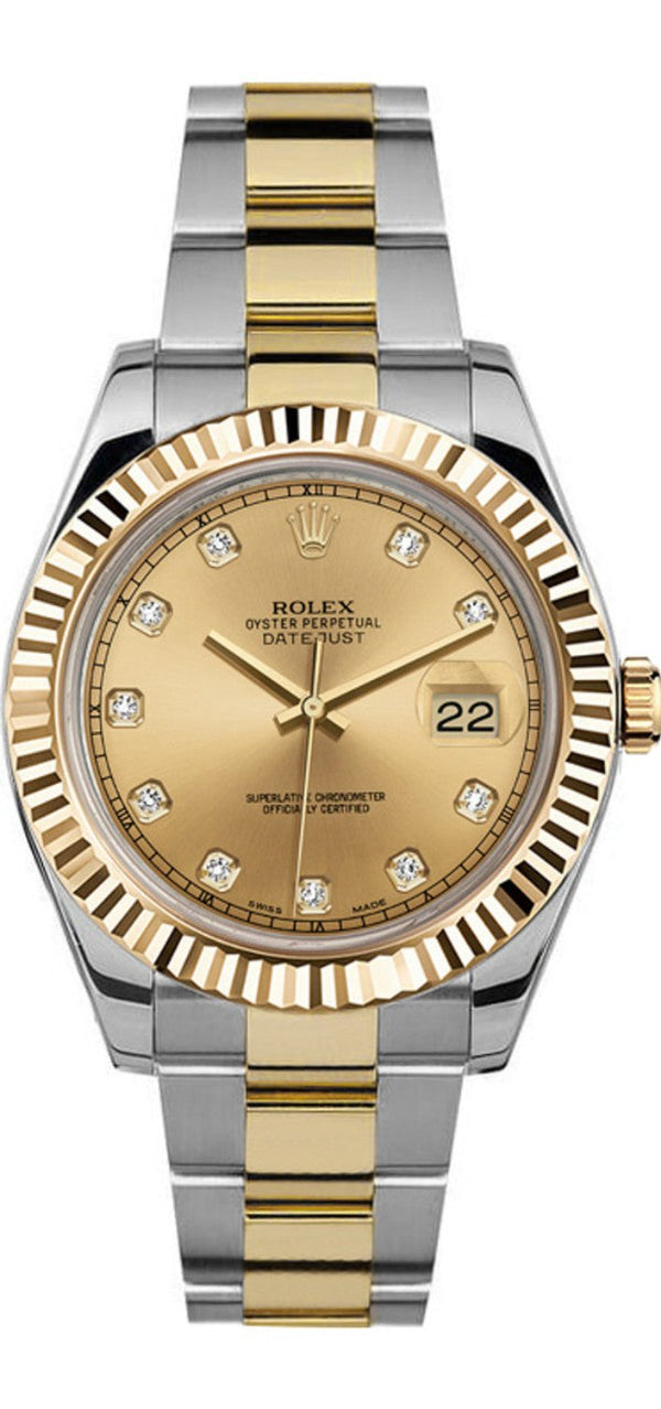 Rolex Datejust 41mm Fluted Bezel Champagne Diamond Dial Oyster Two Tone With Card - 116333