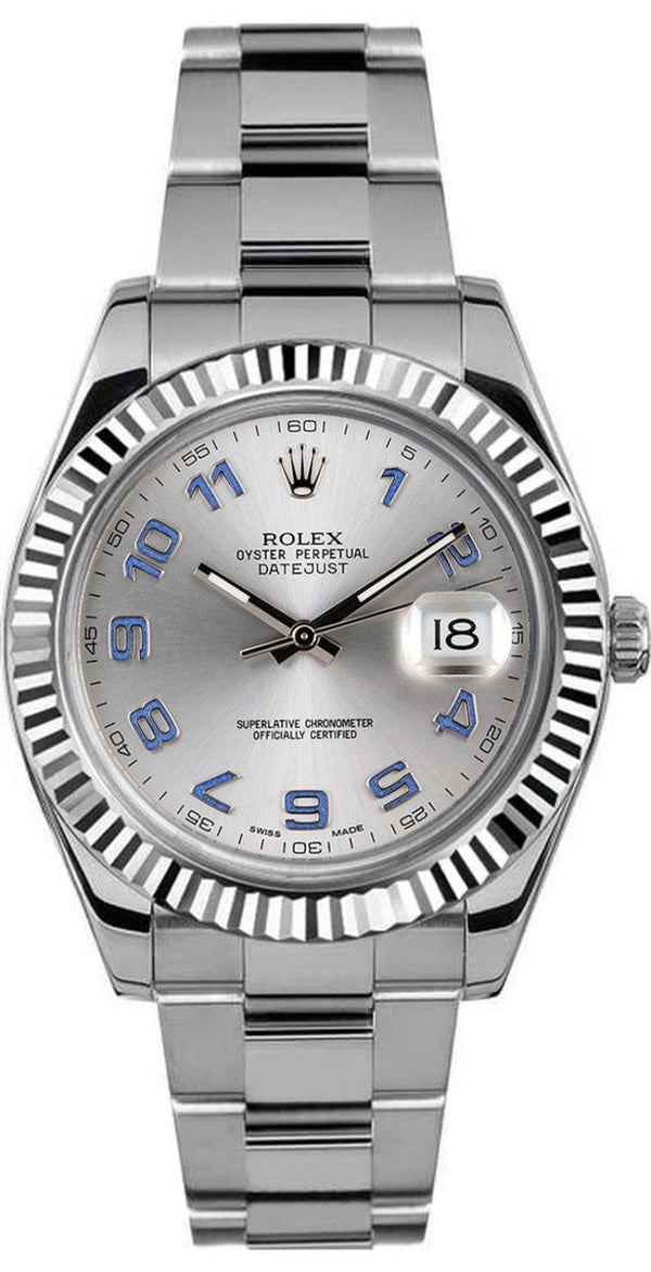 Rolex Datejust 41mm Fluted Bezel Factory Silver Blue Arabic Dial Oyster - 116334