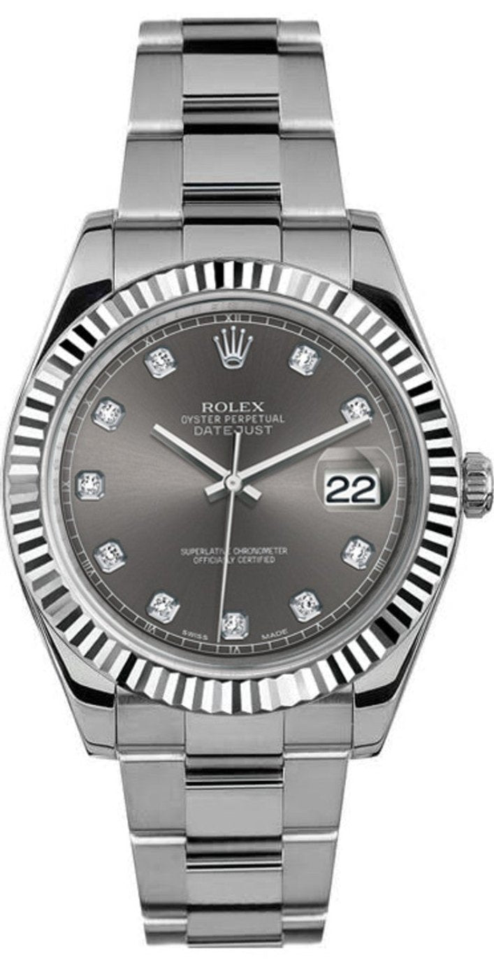 Rolex Datejust 41mm Fluted Bezel Rhodium Diamond Dial Oyster - 116334