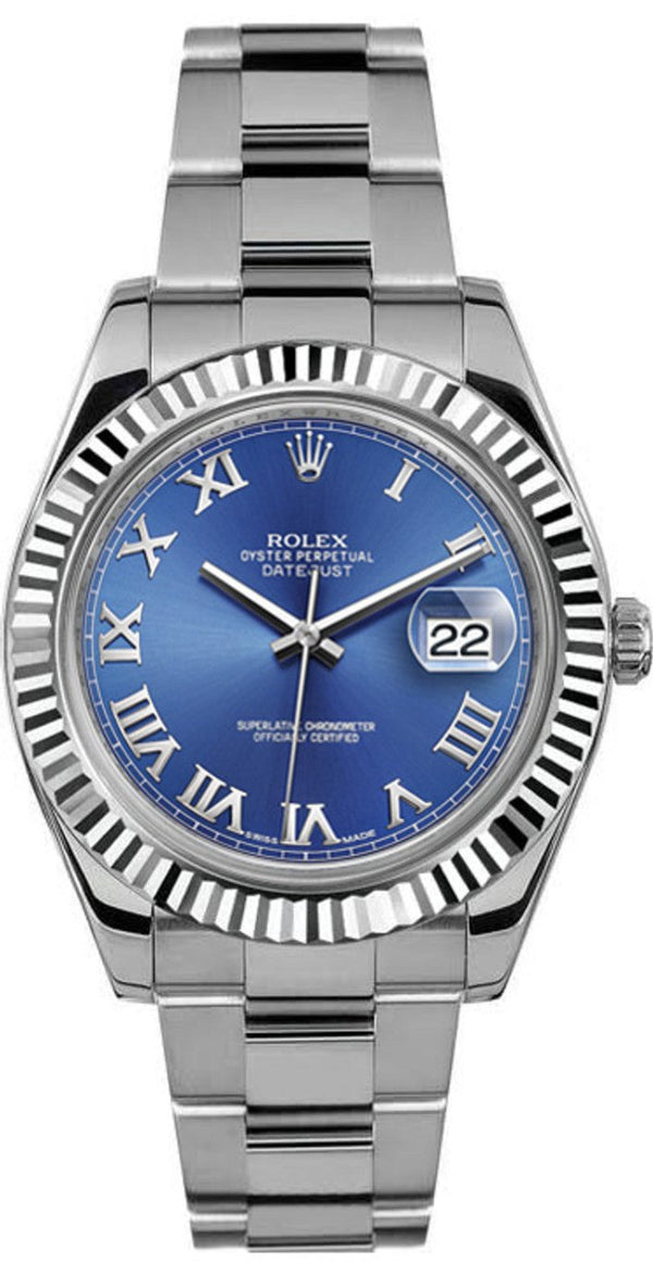 Rolex Datejust 41mm Fluted Bezel Blue Roman Dial Oyster - 116334