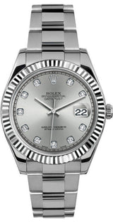 Rolex Datejust 41mm Fluted Bezel Factory Silver Diamond Dial Oyster - 116334