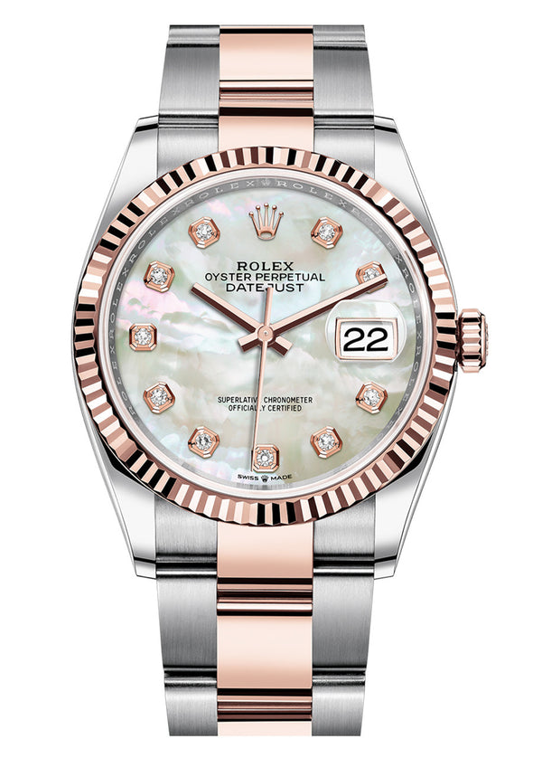 Rolex Datejust 36mm Two-Tone Everose Gold Fluted Bezel Mother of Pearl Diamond Dial Oyster - 126231 - New 2025