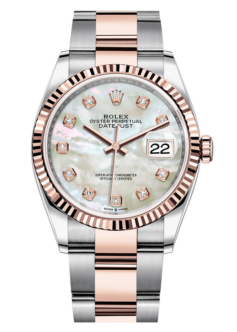 Rolex Datejust 36mm Two-Tone Everose Gold Fluted Bezel Mother of Pearl Diamond Dial Oyster - 126231 - New 2025