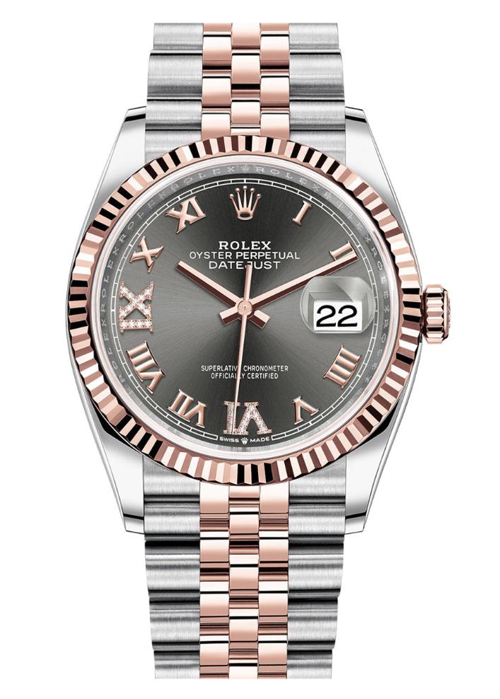 Rolex Datejust 36mm Two-Tone Everose Gold Fluted Bezel Slate/Grey Roman Dial Jubilee - 126231 - Brand New 2024