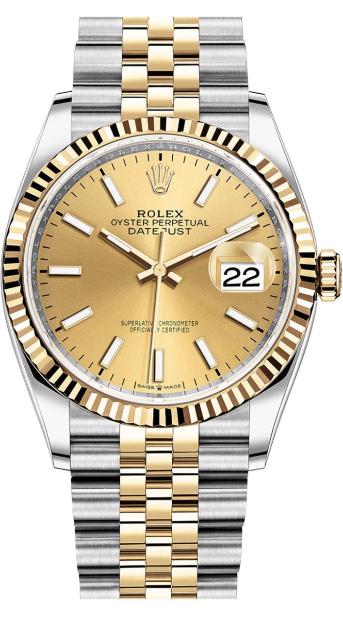 Rolex Datejust 36mm Two-Tone Yellow Gold Champagne Index Dial Fluted Bezel Jubilee Bracelet 126233 – New 2025