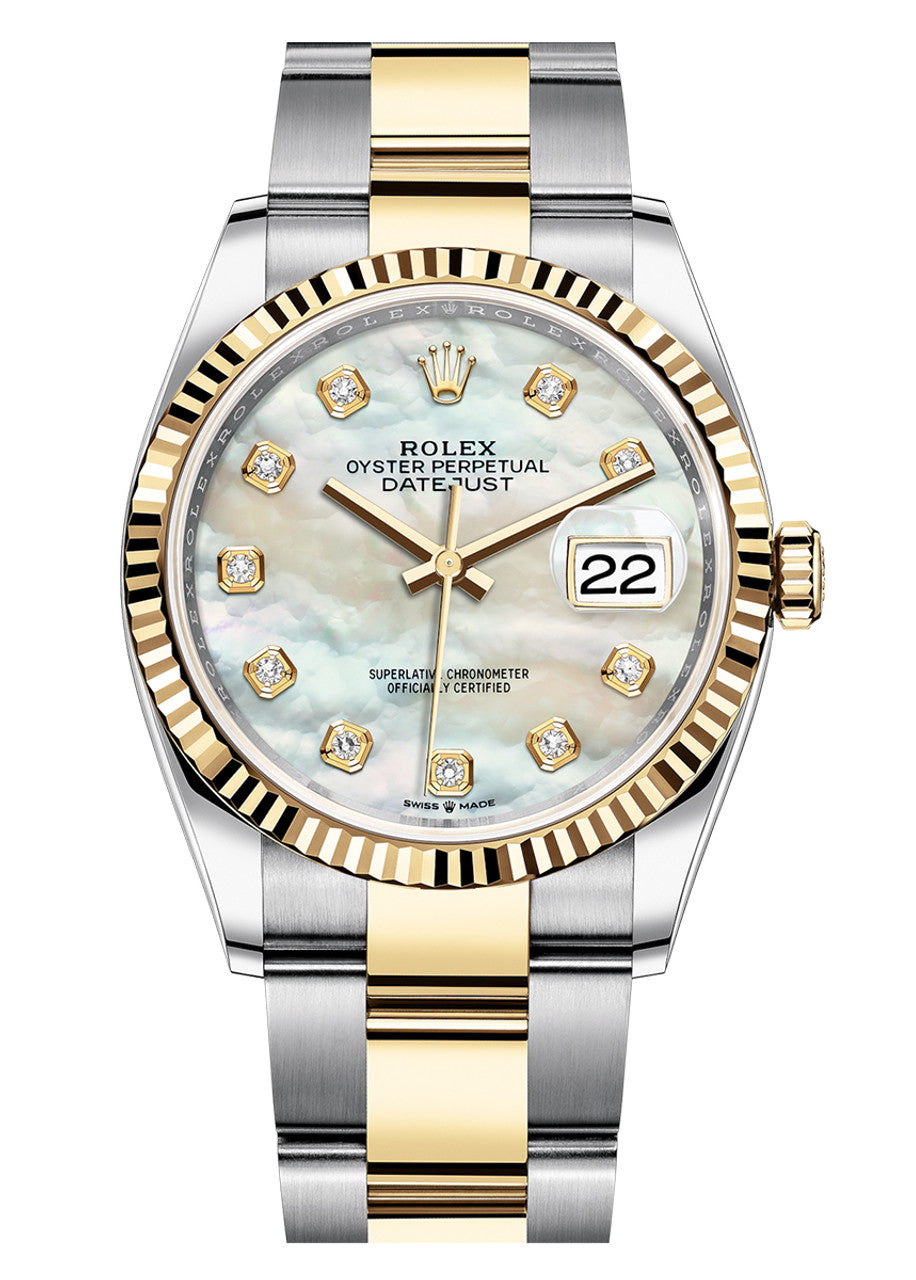 Rolex Datejust 36mm Two-Tone Yellow Gold Mother of Pearl Diamond Dial Fluted Bezel Oyster Bracelet 126233 – New 2026