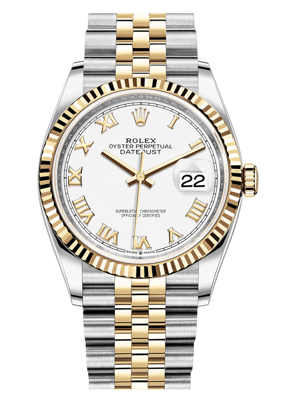 Rolex Datejust 36mm Two-Tone Yellow Gold White Roman Dial Fluted Bezel Jubilee Bracelet 126233 – New 2025 / 2026