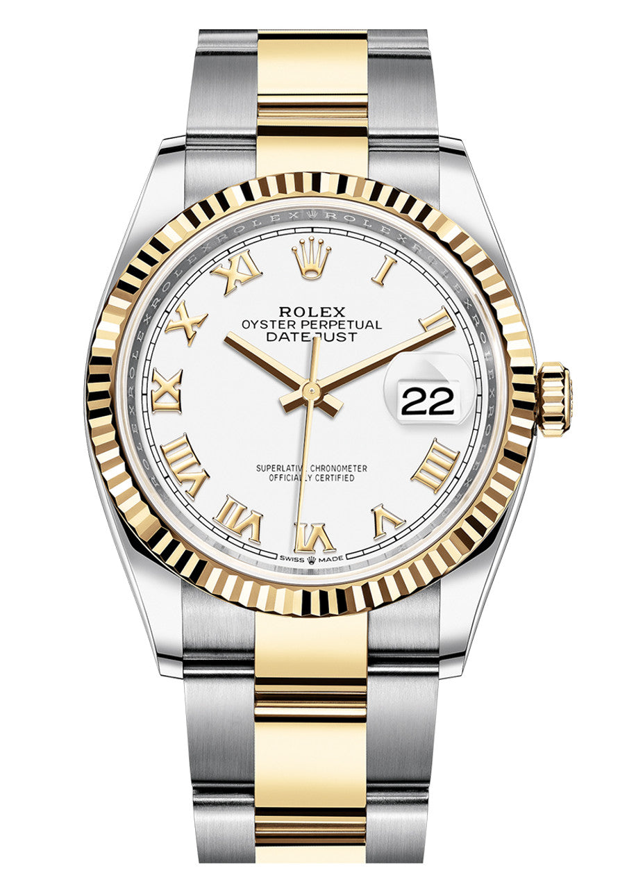 Rolex Datejust 36mm Two-Tone Yellow Gold White Roman Dial Fluted Bezel Oyster Bracelet 126233 – New 2025