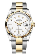 Rolex Datejust 36mm Two-Tone Yellow Gold Fluted Bezel White Index Dial Oyster - 126233 - New 2024