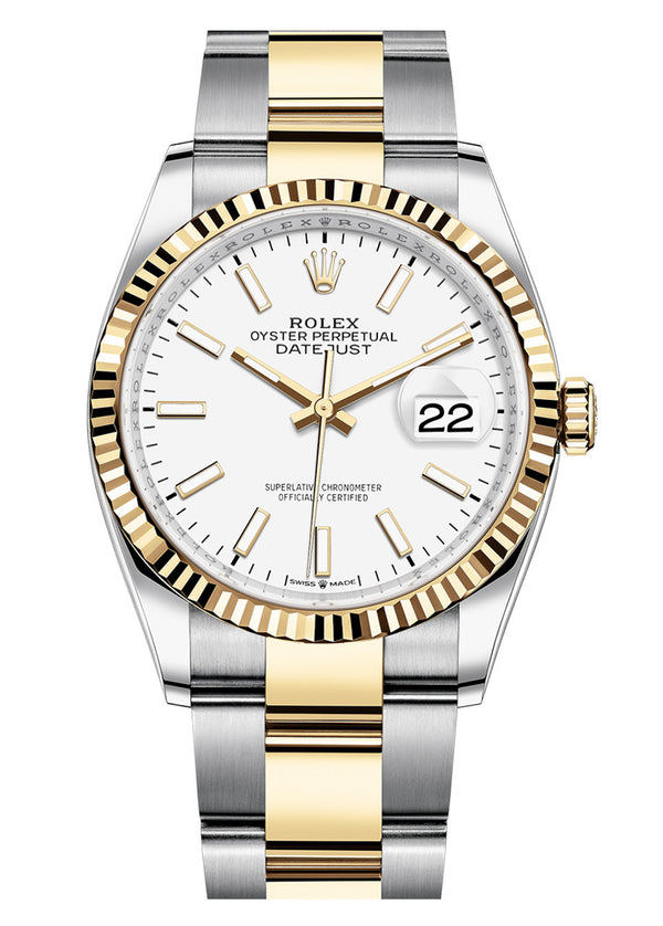 Rolex Datejust 36mm Two-Tone Yellow Gold Fluted Bezel White Index Dial Oyster - 126233 - Brand New 2023
