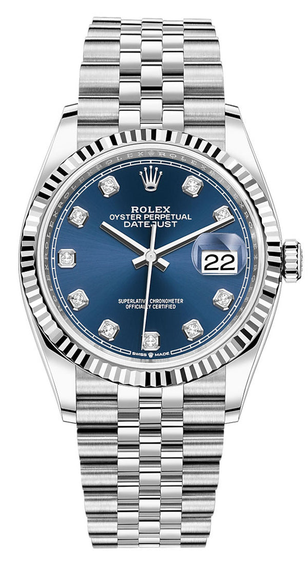 Rolex Datejust 36mm Fluted Bezel Blue Diamond Dial Jubilee - 126234 - Brand New 2023