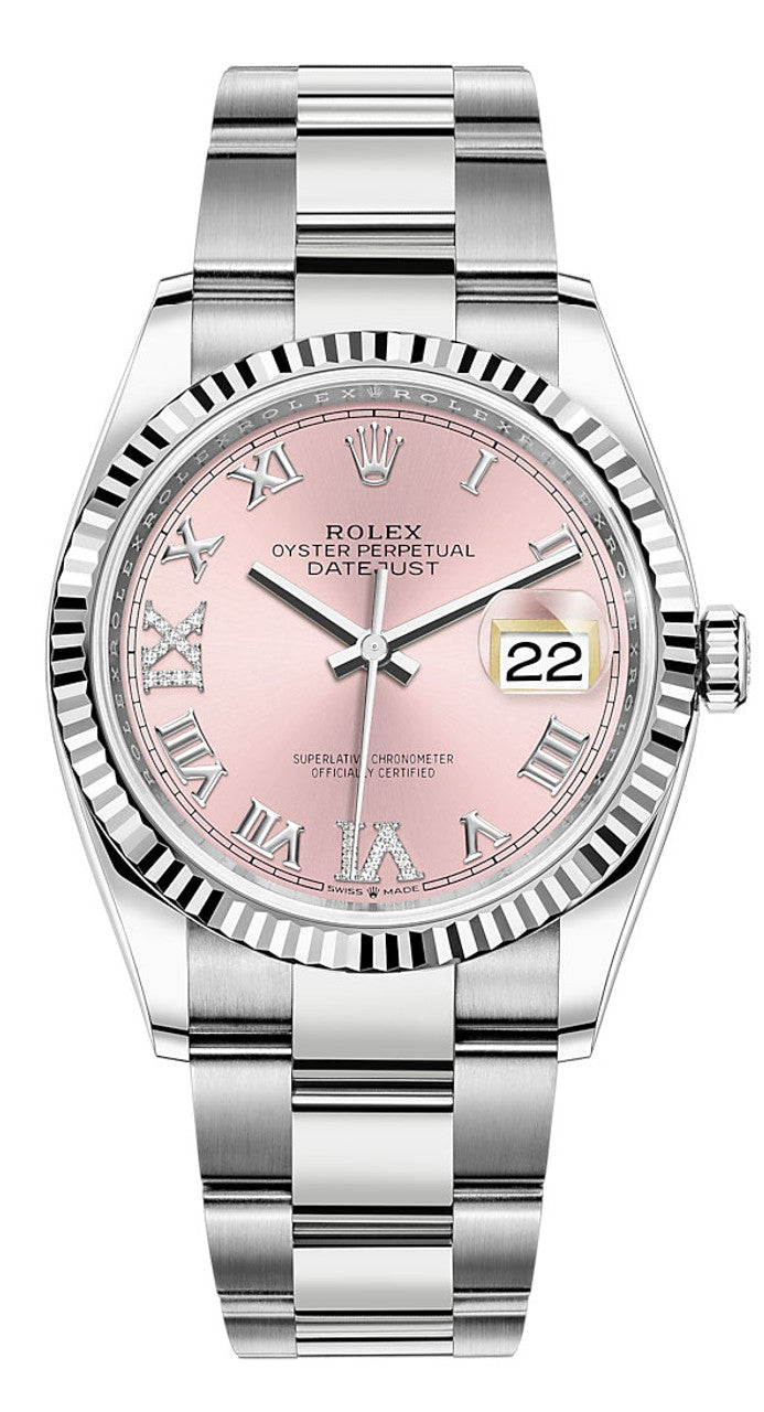 Rolex Datejust 36mm Fluted Bezel Pink Roman Diamond Dial Oyster - 126234 - Brand New 2023