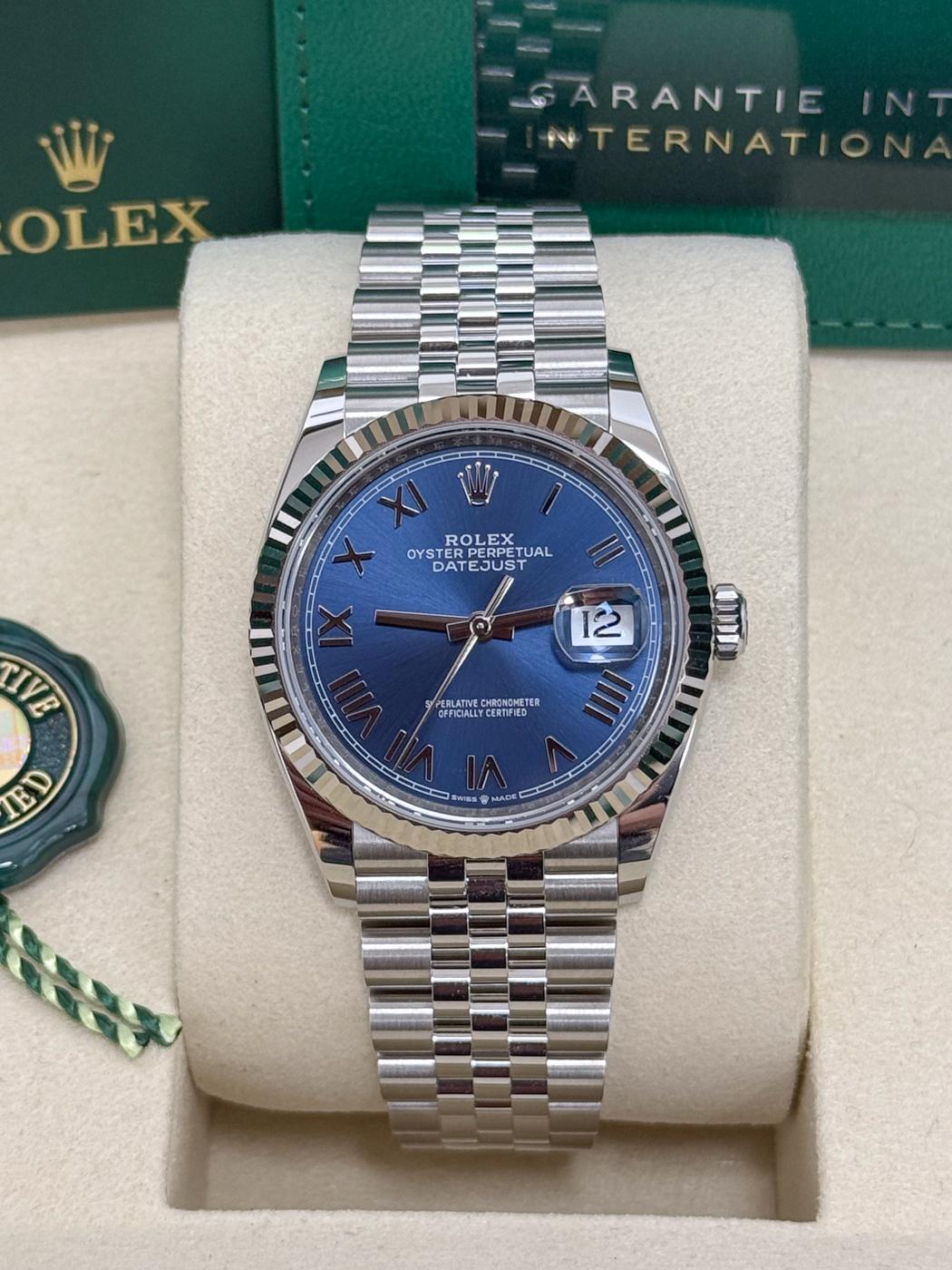 Rolex Datejust 36mm Blue Index Dial Fluted Bezel Jubilee Bracelet 126234