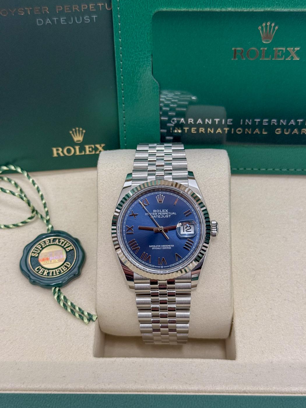 Rolex Datejust 36mm Blue Index Dial Fluted Bezel Jubilee Bracelet 126234