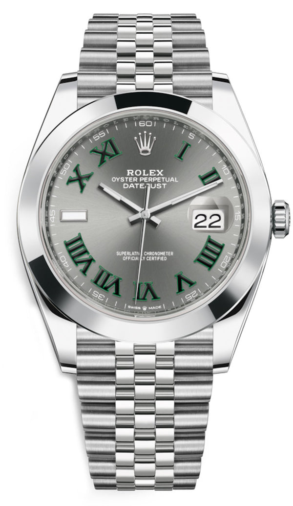 Rolex Datejust Stainless Steel Jubilee 41mm Smooth Bezel Slate with Green Roman Dial- 126300 - New 2023