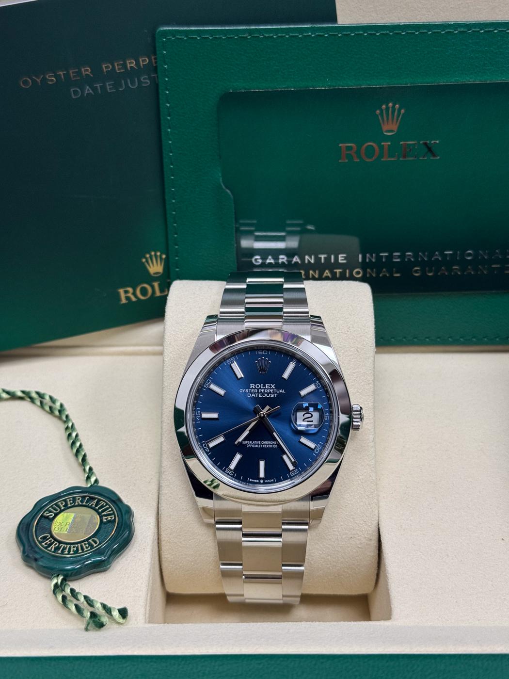 Rolex Datejust 41mm Blue Index Dial Smooth Bezel Oyster Bracelet 126300 – New