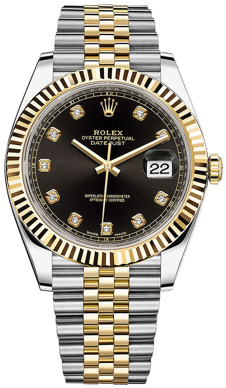 Rolex Datejust 41mm Two-Tone Yellow Gold Fluted Bezel Black Diamond Dial Jubilee - 126333 - Brand New 2024