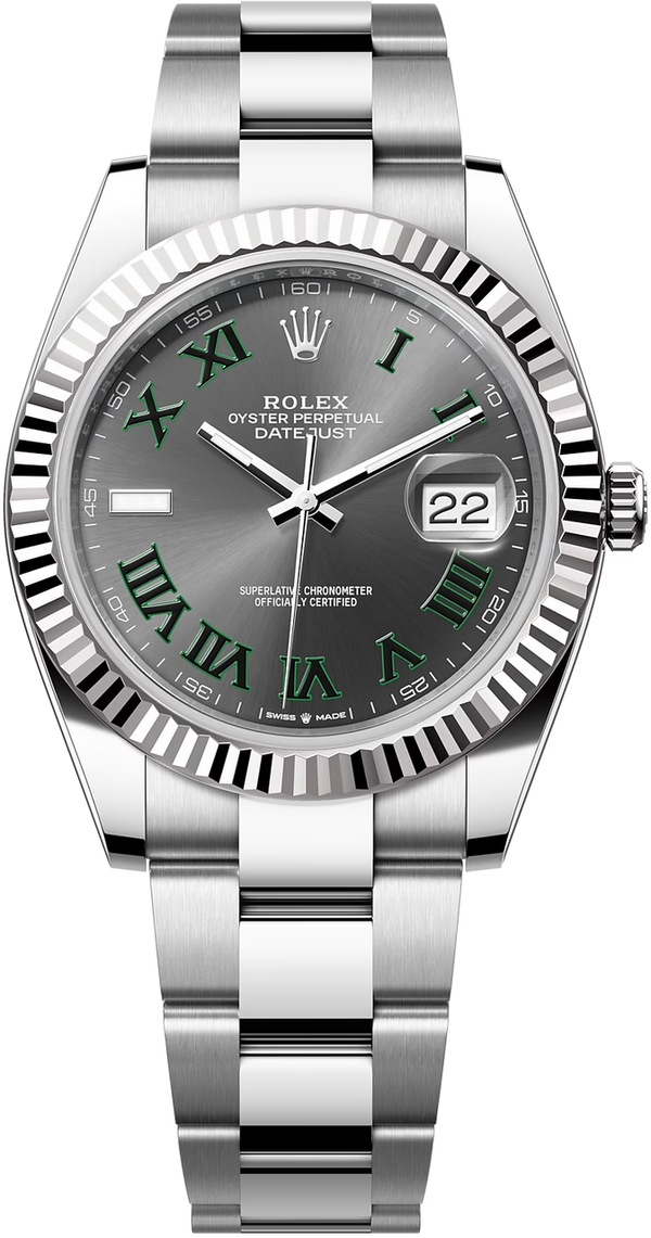 Rolex Datejust 41mm Fluted Bezel Slate and Green Roman "Wimbledon" Dial Oyster - 126334 - New 2025