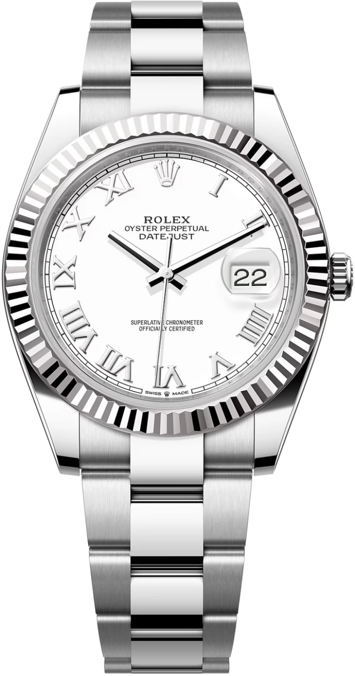 Rolex Datejust 41mm White Roman Dial Fluted Bezel Oyster Bracelet 126334 – New 2025
