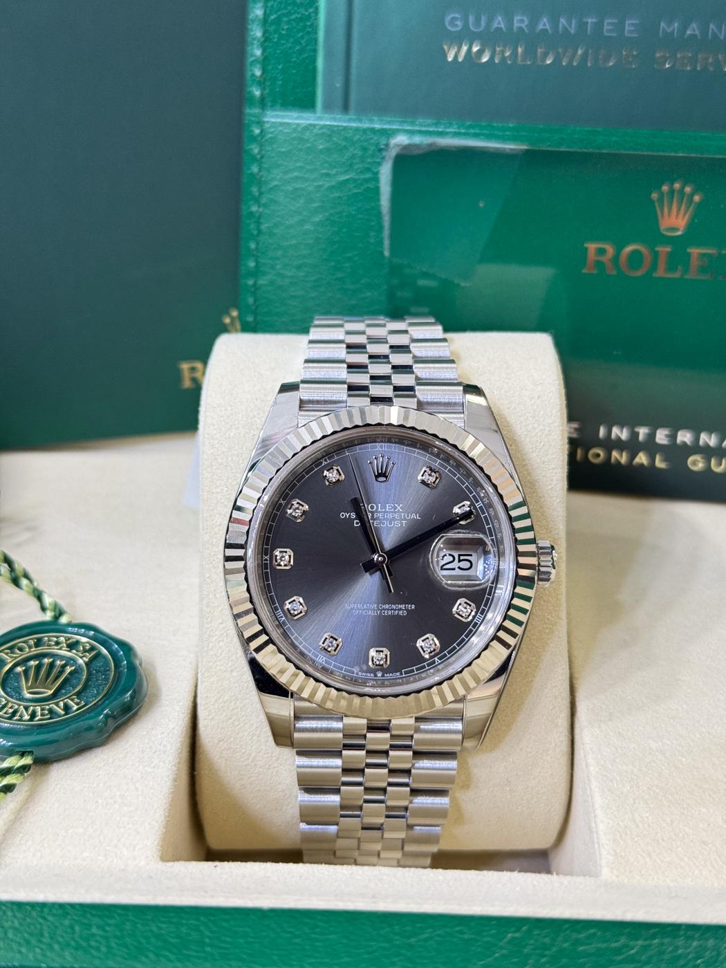 Rolex Datejust 41mm Slate Diamond Dial Fluted Bezel Jubilee Bracelet 126334