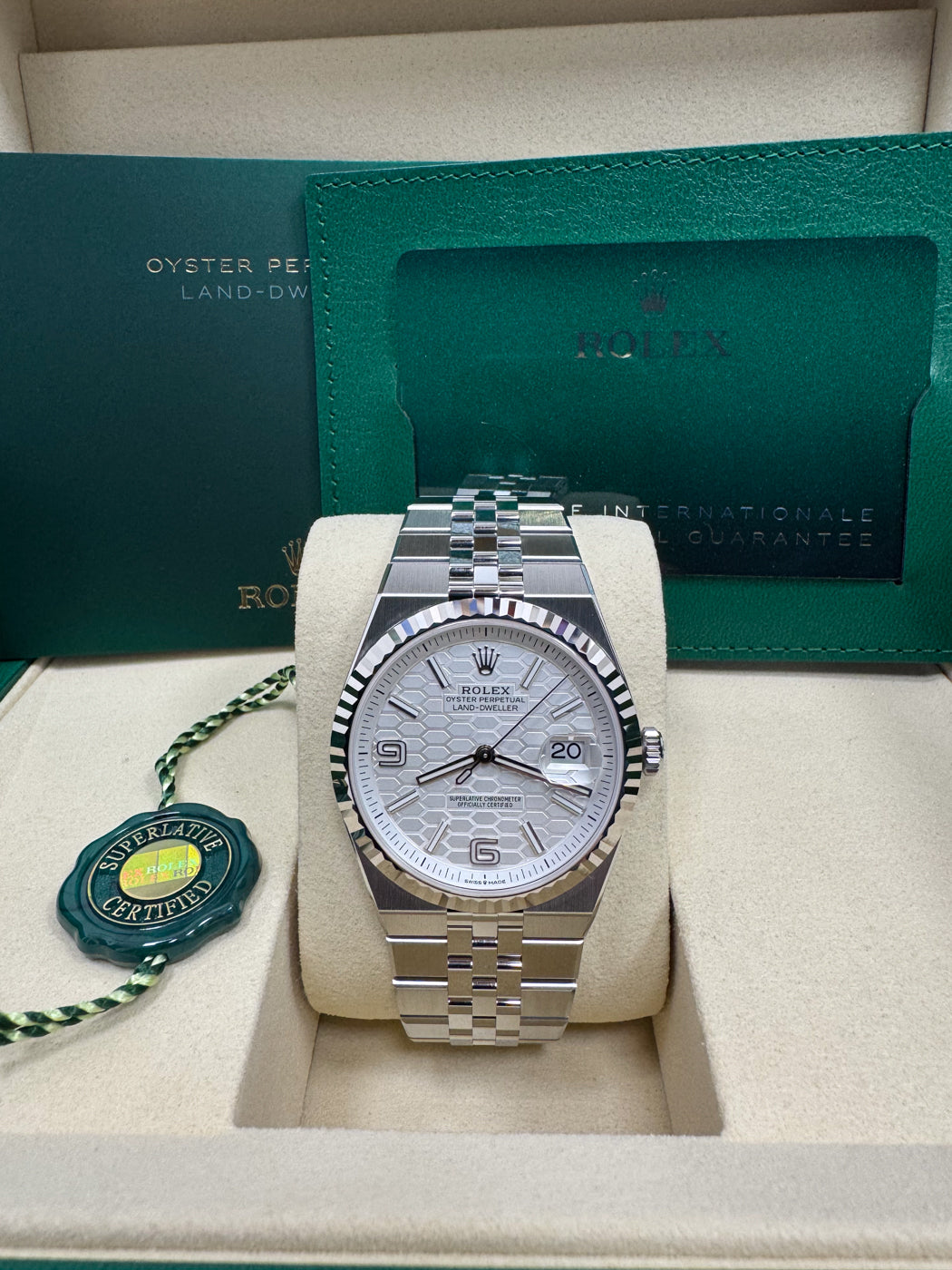 Rolex Land-Dweller 40mm Fluted Bezel White Honeycomb-Motif Dial Flat Jubilee 127334 - New 2025 / 2026