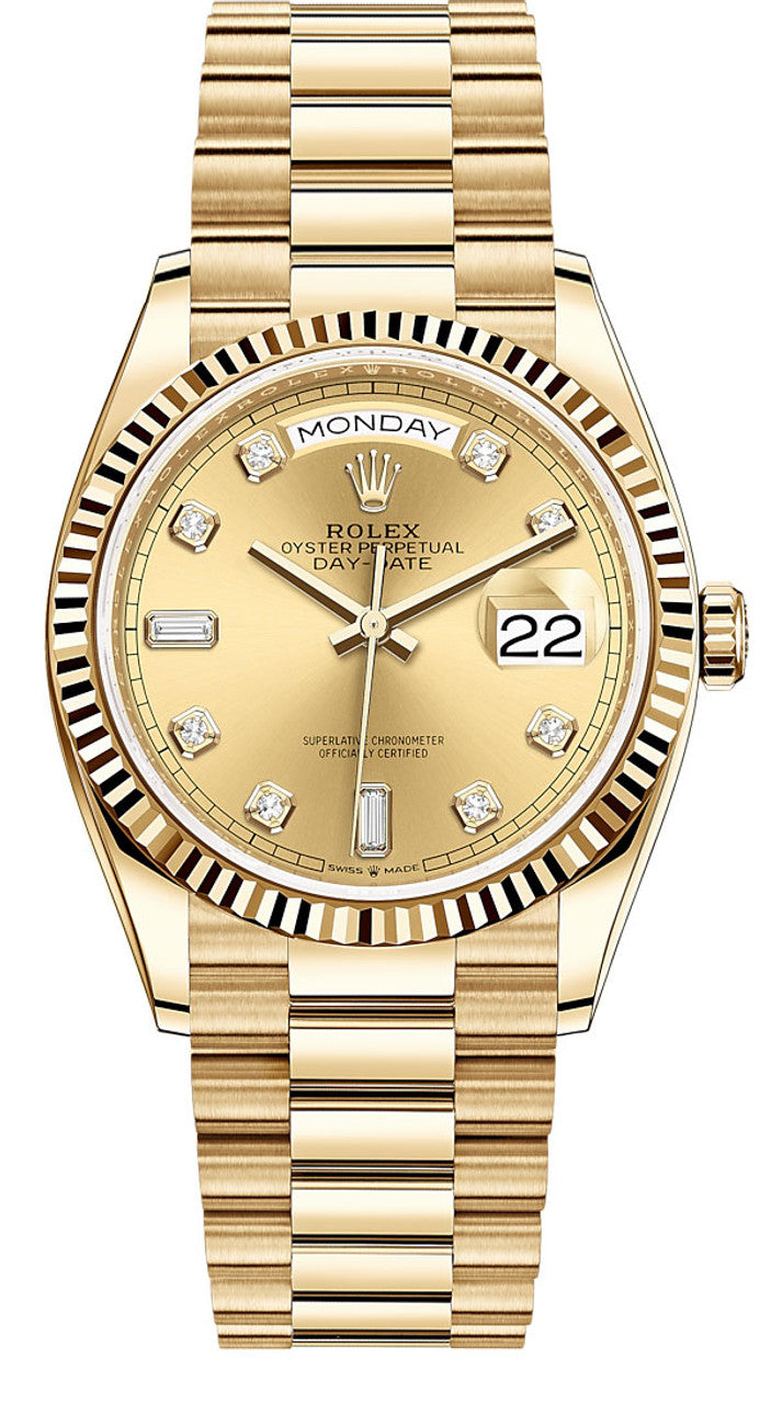 Rolex Day-Date "President" 36mm Yellow Gold Champagne Diamond Dial - 128238 - Brand New 2024