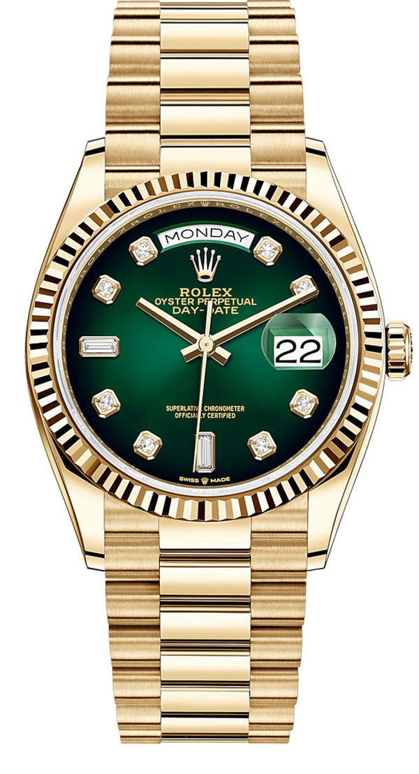 Rolex Day-Date "President" 36mm Yellow Gold Green Ombre Diamond Dial - 128238 - Brand New 2024