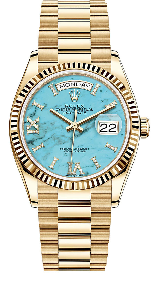 Rolex Day-Date "President" 36mm Yellow Gold Turquoise Roman Diamond Dial - 128238 - Brand New 2024