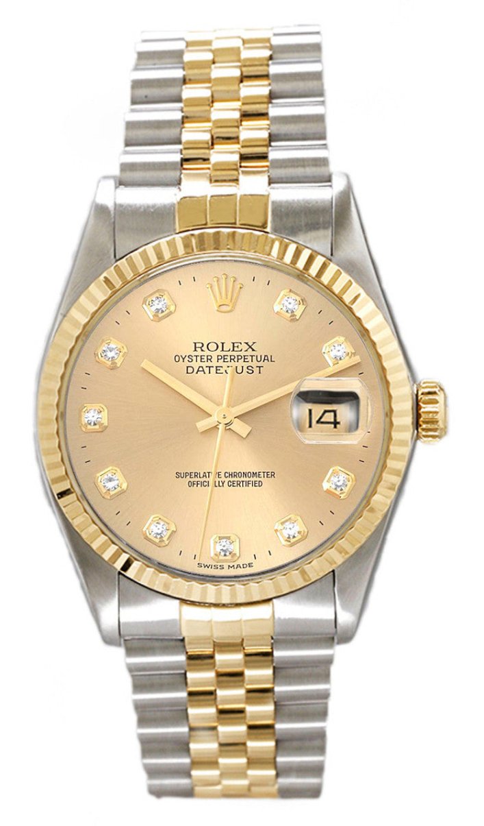 Rolex Datejust 36mm Two-Tone Yellow Gold Fluted Bezel Champagne Factory Diamond Dial Jubilee - 16233