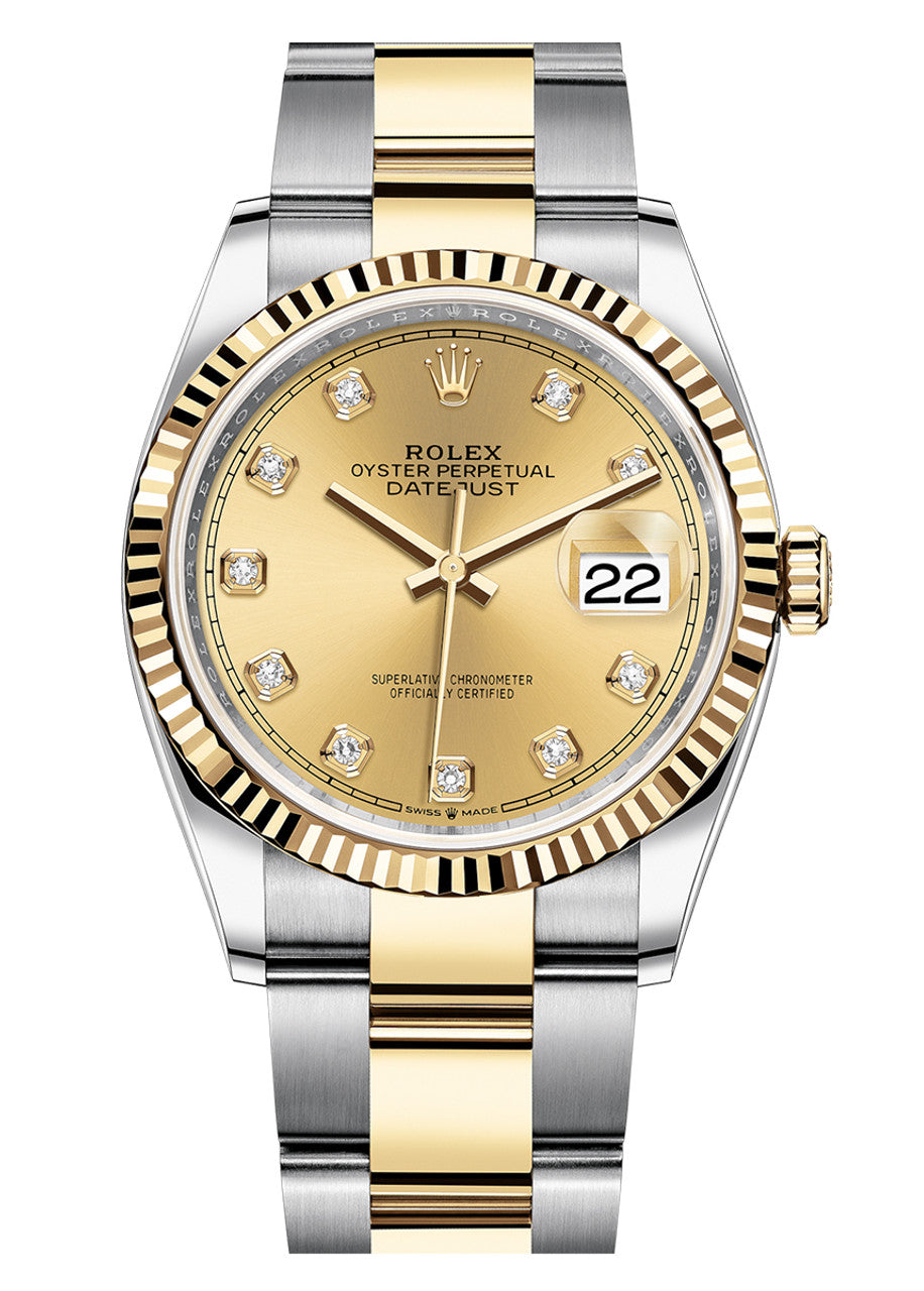 Rolex Datejust 36mm Two-Tone Yellow Gold Champagne Diamond Dial Fluted Bezel Oyster Bracelet 126233 – New 2025 / 2026