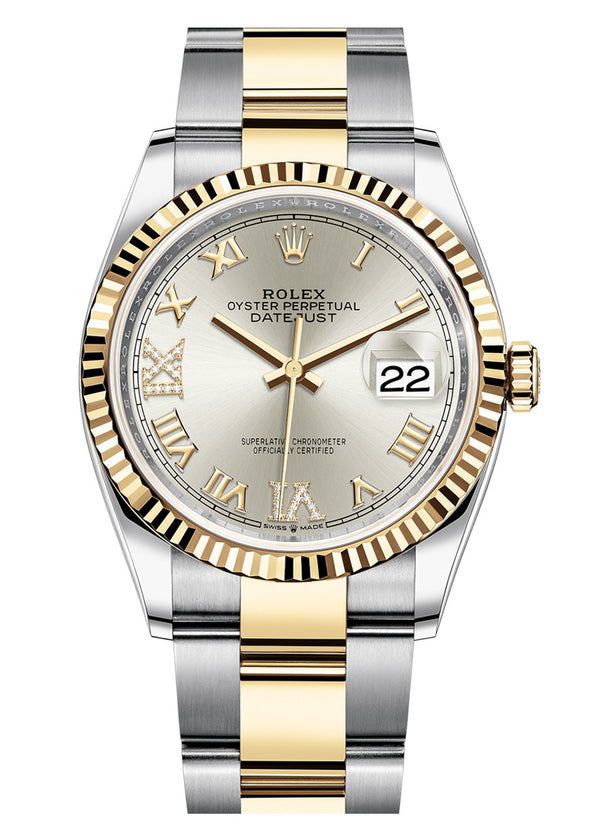 Rolex Datejust 36mm Two-Tone Yellow Gold Fluted Bezel Silver Roman Diamond Dial Oyster - 126233 - New 2025