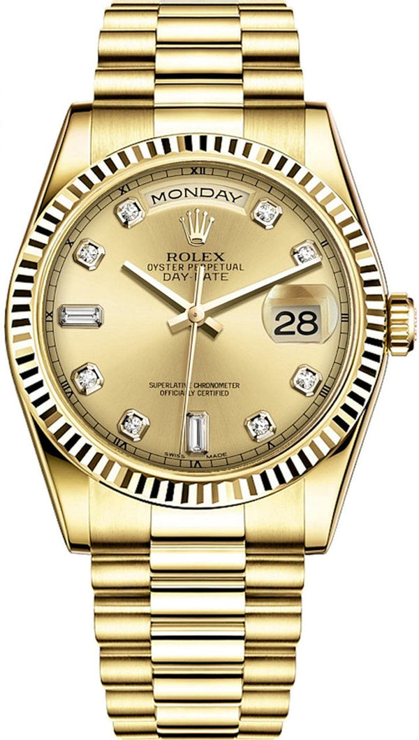 Rolex Datejust 36mm Day Date Yellow Gold Fluted Bezel Champagne Factory Diamond Dial President- 18238