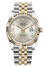 Rolex Datejust 36mm Two-Tone Yellow Gold Fluted Bezel Silver Roman Diamond Dial Jubilee - 126233 - New 2025