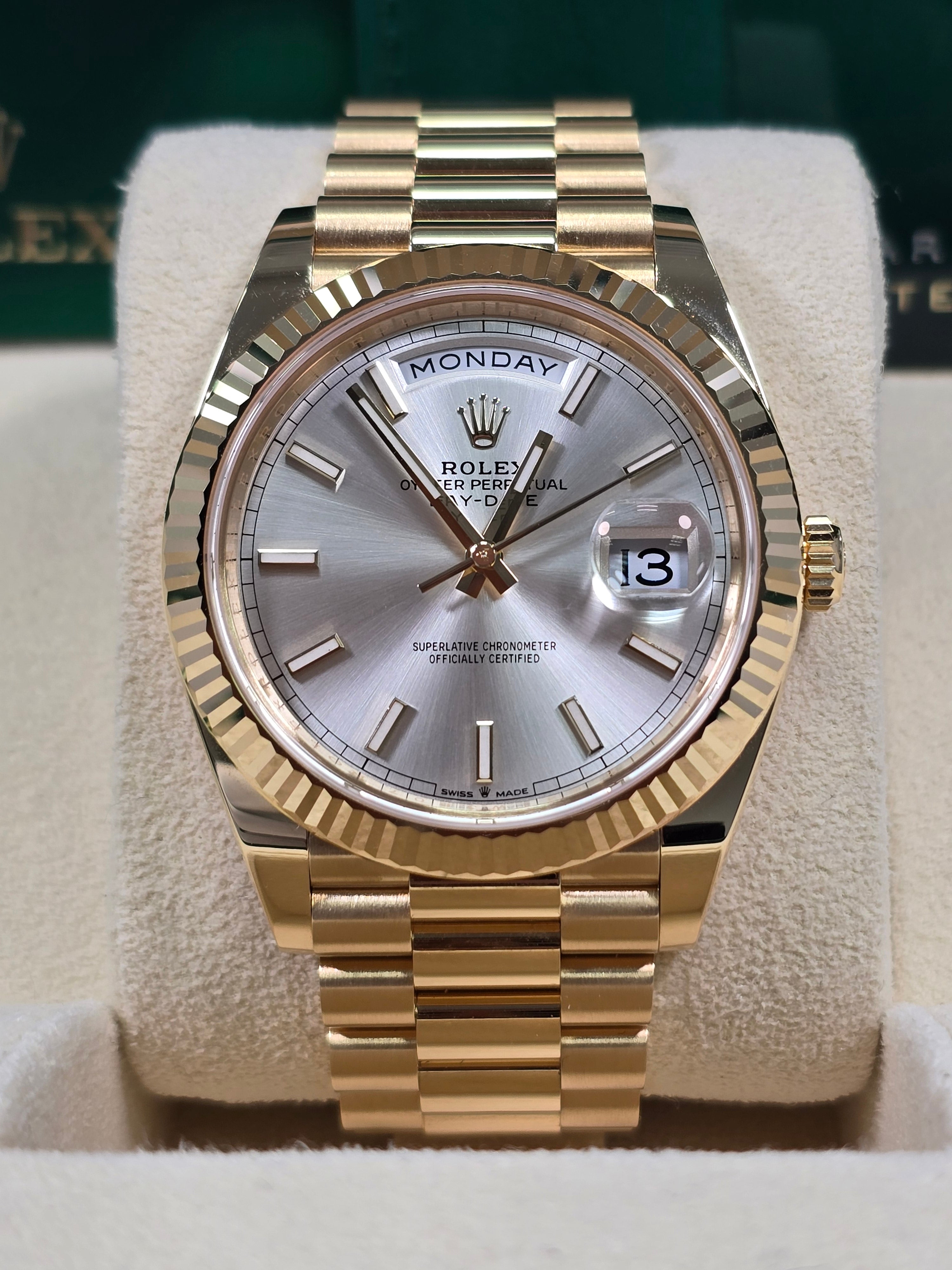 Rolex Day-Date "President" 40mm Yellow Gold Silver Index Dial - 228238 - New 2025