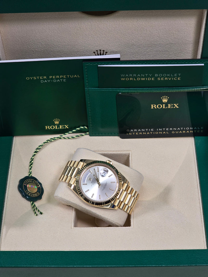 Rolex Day-Date "President" 40mm Yellow Gold Silver Index Dial - 228238 - New 2024