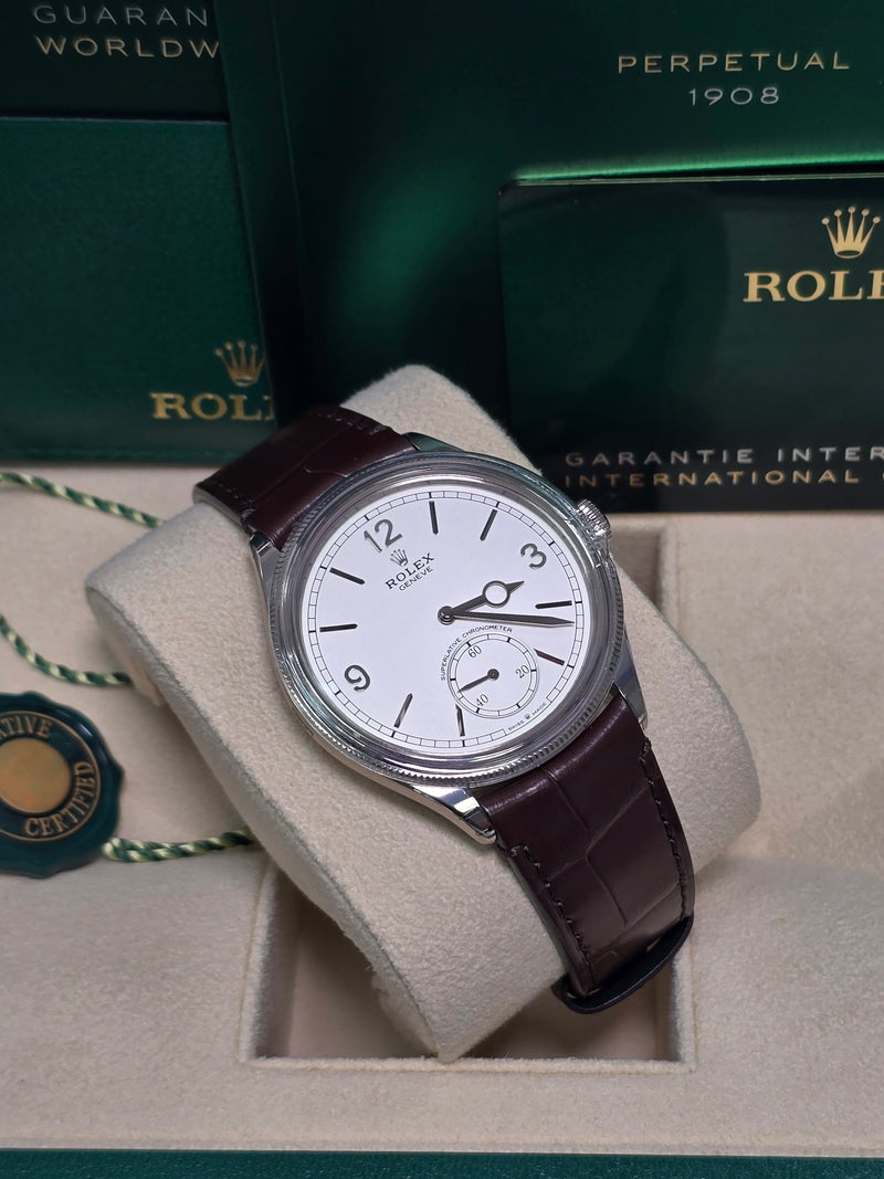 Rolex 1908 White Gold White Dial Brown Alligator Strap - 52509 - Brand New 2024