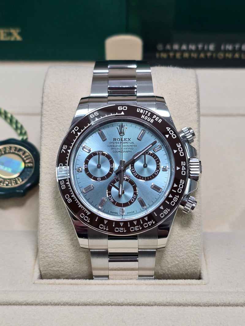 Rolex Cosmograph Daytona 40mm Platinum "Platona" Ceramic Brown Bezel Ice Blue Diamond Baguette Dial - 126506 - New 2024