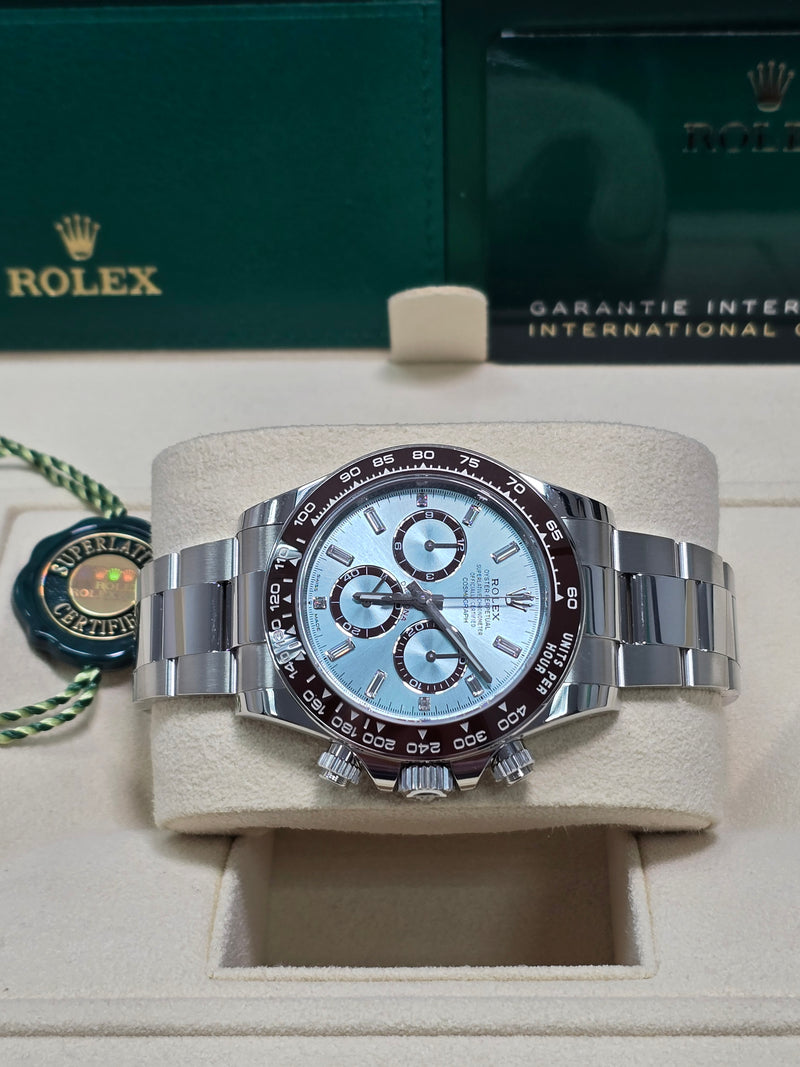 Rolex Cosmograph Daytona 40mm Platinum "Platona" Ceramic Brown Bezel Ice Blue Diamond Baguette Dial - 126506 - New 2024